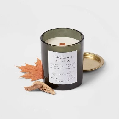 Clear Colored Glass with Woodwick and Brass Metal Inset Lid Dried Leaves + Hickory Candle Green - Threshold™ Clear Colored Glass With Woodwick And Brass Metal Inset Lid Dried Leaves + Hickory Candle Green - Threshold™ -Threshold shop GUEST 08a8f017 4656 4cfc 916f 24f9e984c4ec
