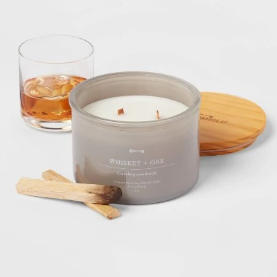 14oz Lidded Gray Glass Jar Crackling Wooden 3-Wick Candle with Clear Label Whiskey + Oak - Threshold™ 14oz Lidded Gray Glass Jar Crackling Wooden 3-Wick Candle With Clear Label Whiskey + Oak - Threshold™ -Threshold shop GUEST c994828f 4a70 488b 9bf2 14e864c98567